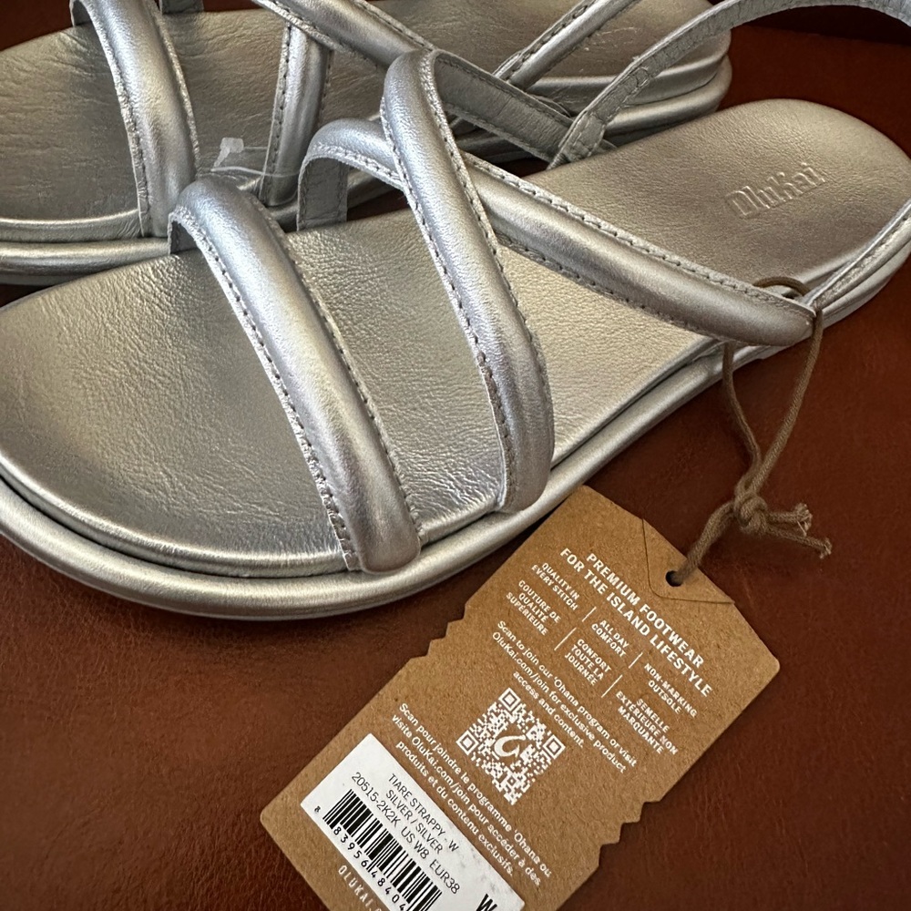 OluKai Leather Metallic Silver Women’s Tiare Slingback Strappy Sandals - Picture 8 of 8